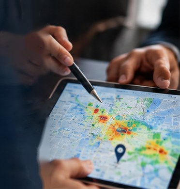 An analyst marking up a heat-mapped trade area on a tablet with a stylus