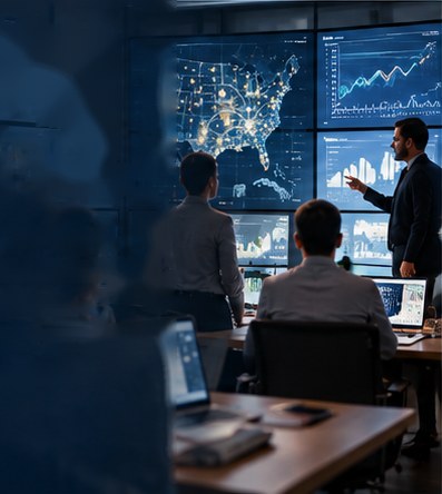 A team working in front of wall displays showing a national map and performance charts